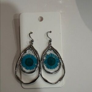 Silver and Blue Teardrop Earrings handmade resin real flowers